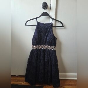 TRIXXI - NAVY BLUE ROSETTE FORMAL DRESS WITH RHINESTONE WAIST - JUNIOR'S SIZE 1